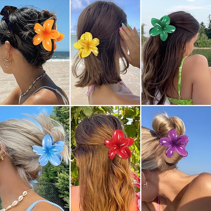 Flower Hair Clips for Women 6 Pcs Hawaiian Large Claw Clips Plumeria Medium Hair Claw Clips for Thick Thin Hair Hibiscus Tropical Beach Hair Accessories for Women Girls and Girls-Dark Color