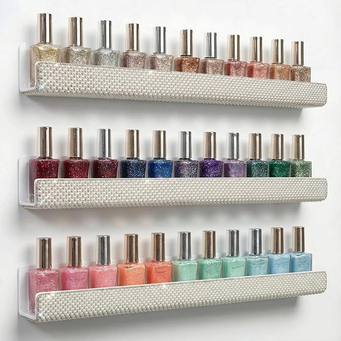 YMVV Nail Polish Wall Shelf - 15-Inch Pearls Diamond Crystal Display & Organizer Rack, Holds 60+ Polishes, Soft Ledge for Bedroom, Bathroom, Salon,6 Pack