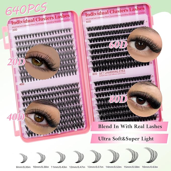 Lash Clusters 4 Style DIY Lashes Clusters Eyelash Clusters False Eyelashes Cluster Eyelash Extensions Wispy Lash Clusters Pestañas Postizas Naturales Soft Cluster Lashes(640pcs 20D+40D+60D+80D,9-16mm)