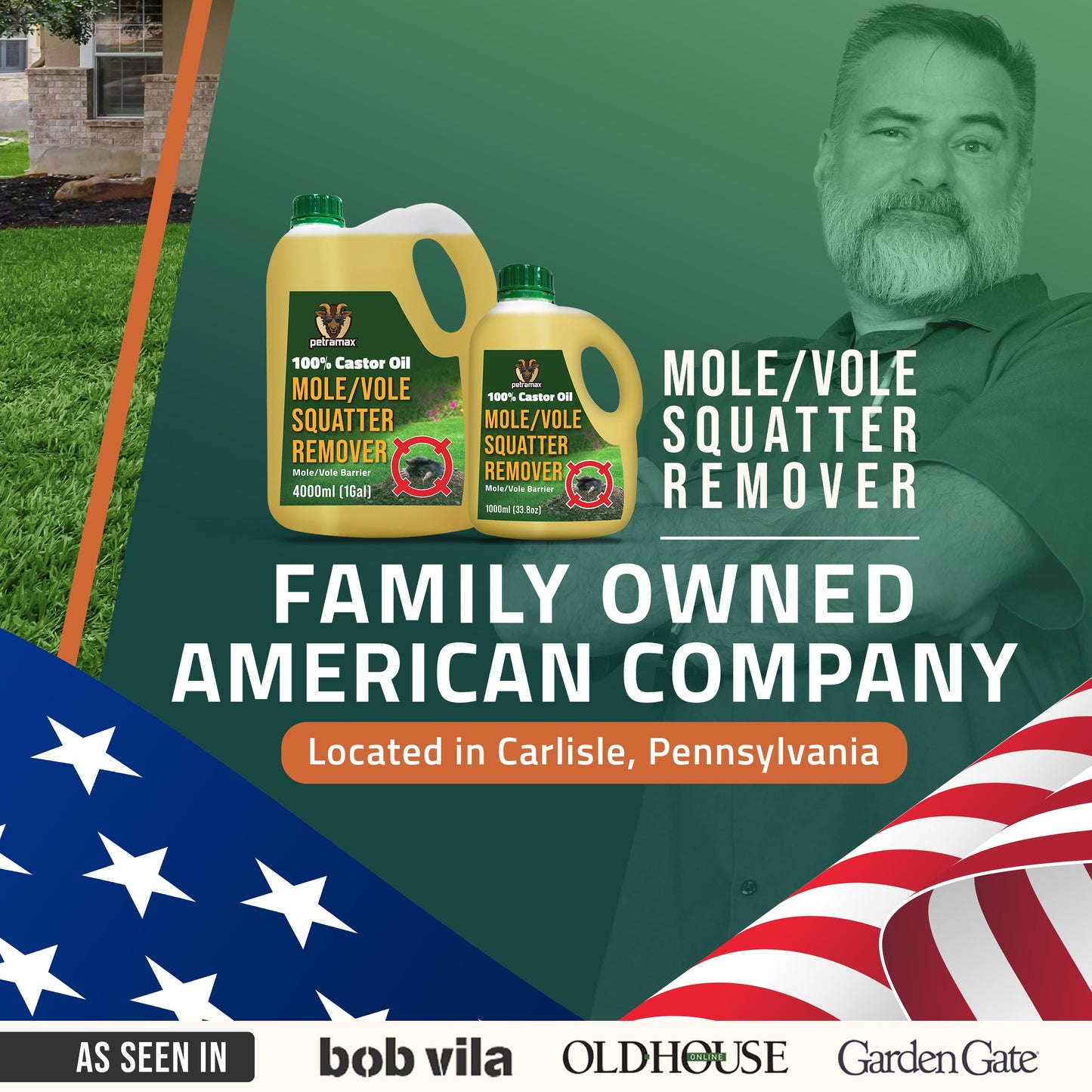 PetraMax Castor Oil Mole Repellent for Lawns - Best Anti Mole and Vole Repellent of Outdoor Space - How to Get Rid of Moles in My Yard, Garden Or Lawn, Safe and Effective Vole Deterrent (33.8 fl oz)