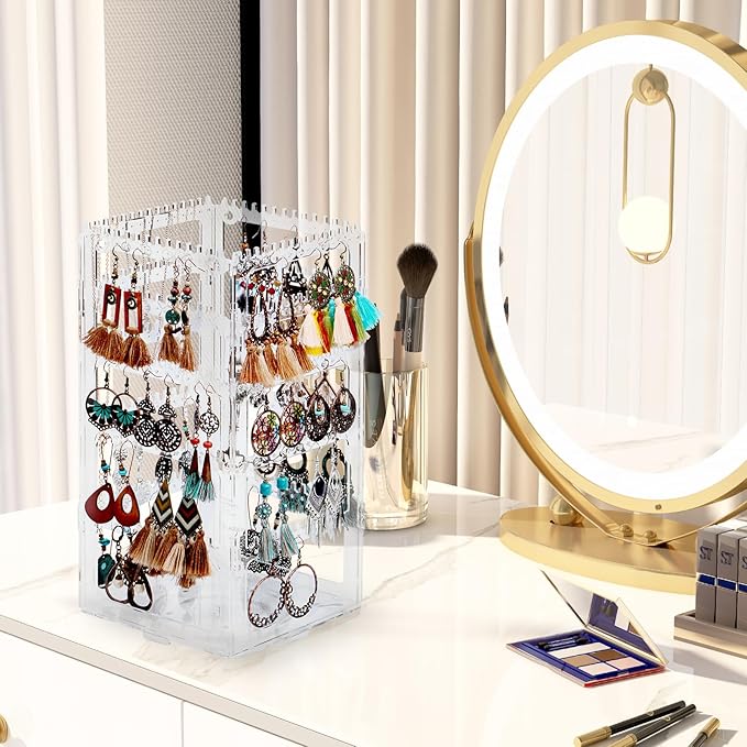 360 Rotating Earring Holder Organizer Stand,5 Tiers Acrylic Jewelry Organizers and Storage,Stud Earring Organizers and Storage,212 Holes and 212 Grooves for Earrings Necklaces chain bracelet