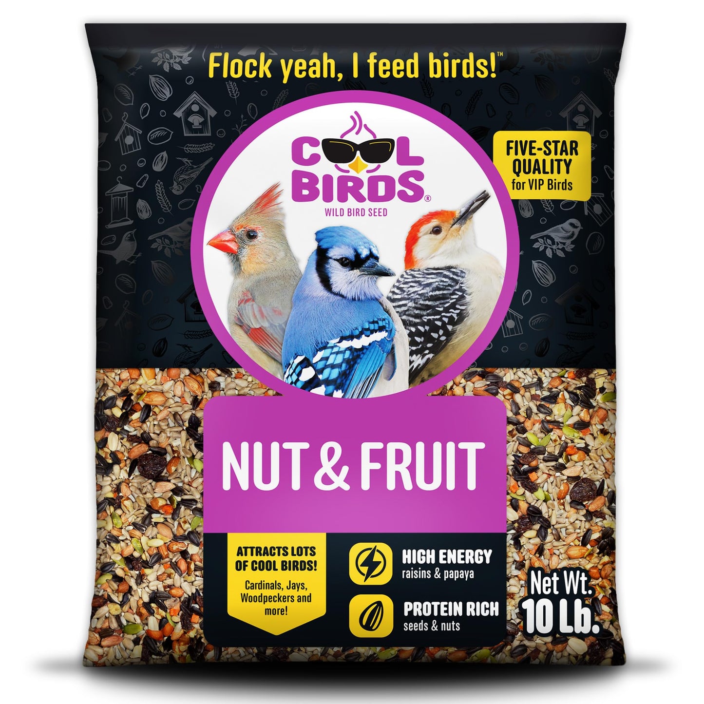 Cool Birds Nut & Fruit Wild Bird Seed â 10 lb. Gourmet Bird Food with Sunflower Hearts, Peanuts, Tree Nuts & Real Fruit â No Corn, Milo or Millet Bird Seed for Outside Feeders