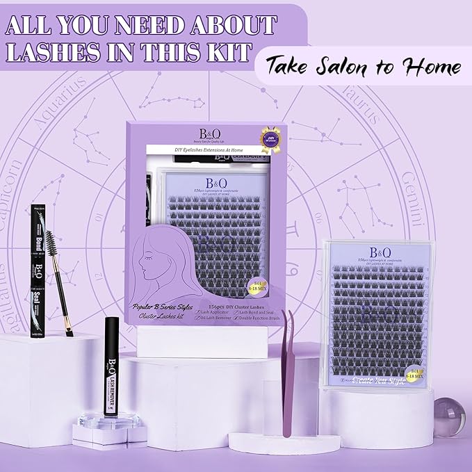 B&Q Wispy Lash Clusters Kit B01, DIY Lash Extension Kit 156PCS Eyelash Extension Kit, Soft Natural Lash Clusters 8-18MIX D Curl Lash cluster, Thin Black Band Cluster Eyelash Extensions (B01 Set)