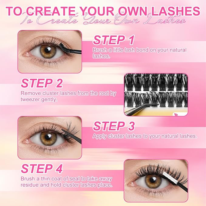 Fluffy Lash Clusters Kit 448Pcs, Wispy Volume (60D/80D/100D) D-Curl Cluster Eyelash Extensions 10-16mm + Bond & Seal Glue + Tweezers - Reusable 15+ Times, Natural to Dramatic Volume