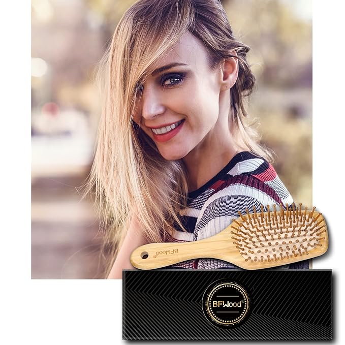 Bamboo Hair Brush with Paddle, Rounded Wood Bristles for Detangling and Gently Massaging Scalp by BFWood, Reduces Frizz and Static