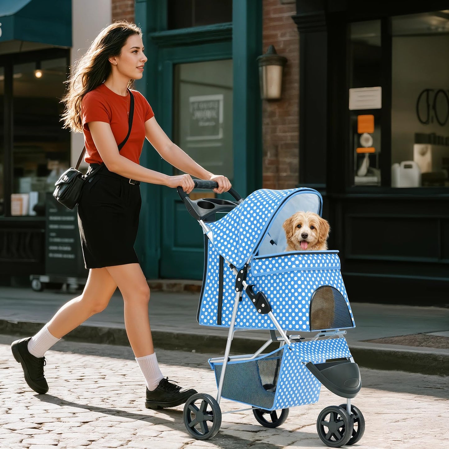 Pet Stroller for Small Dogs 10 lbs, Dog Stroller for Medium Dogs 30 lbs, Cat Strollers for 2 Cats, 3 Wheels Foldable Jogger Puppy Stroller with Storage Basket and Cup Holder, Blue Polka Dots