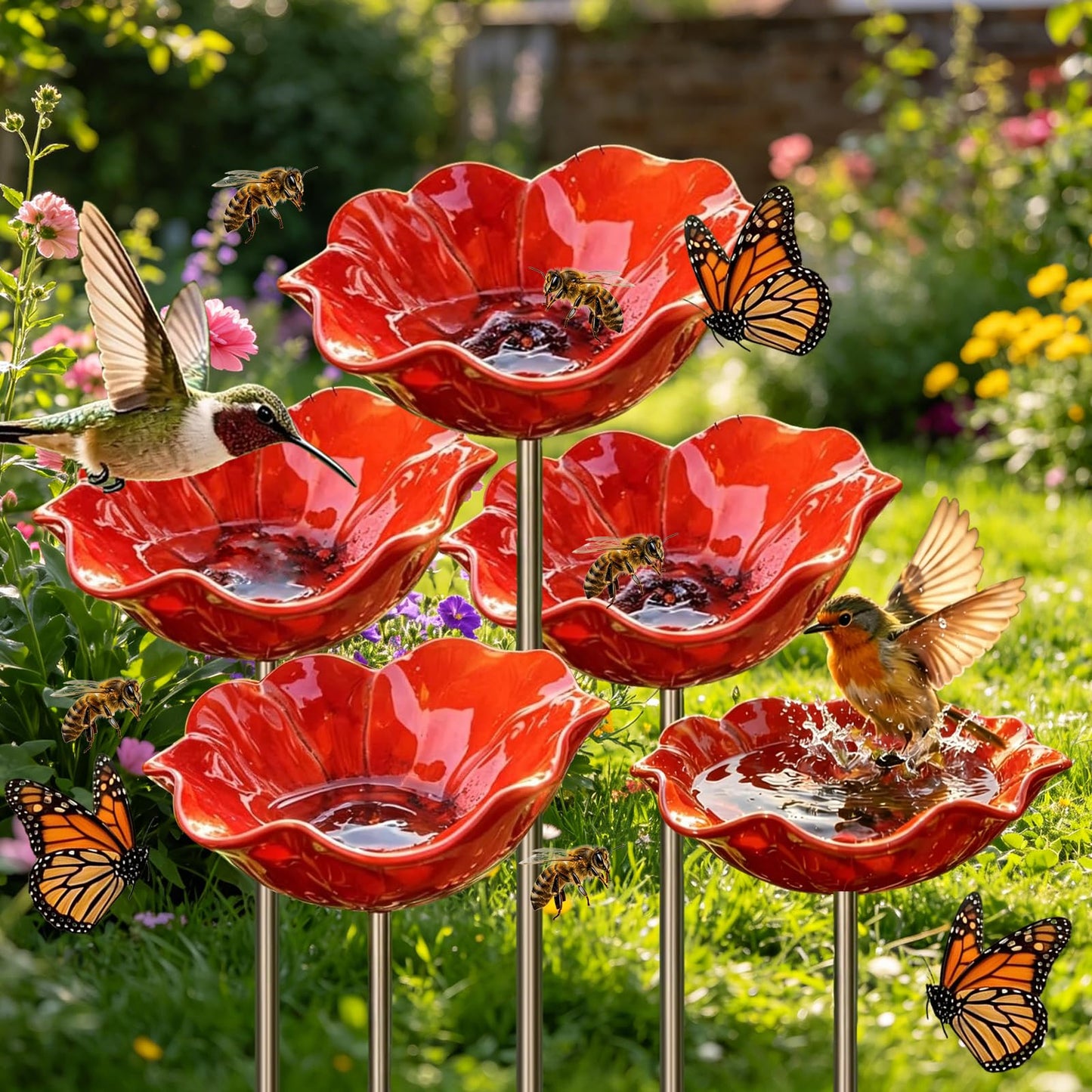 Handmade Metal Flower Garden Stake Bird Bath Bowl, Outdoor Pollinator Watering Station for Garden Yard, Hummingbird Fountain Butterfly Bee Water Feeder, Decorative Yard Art Ornament Gift(5 PCS)
