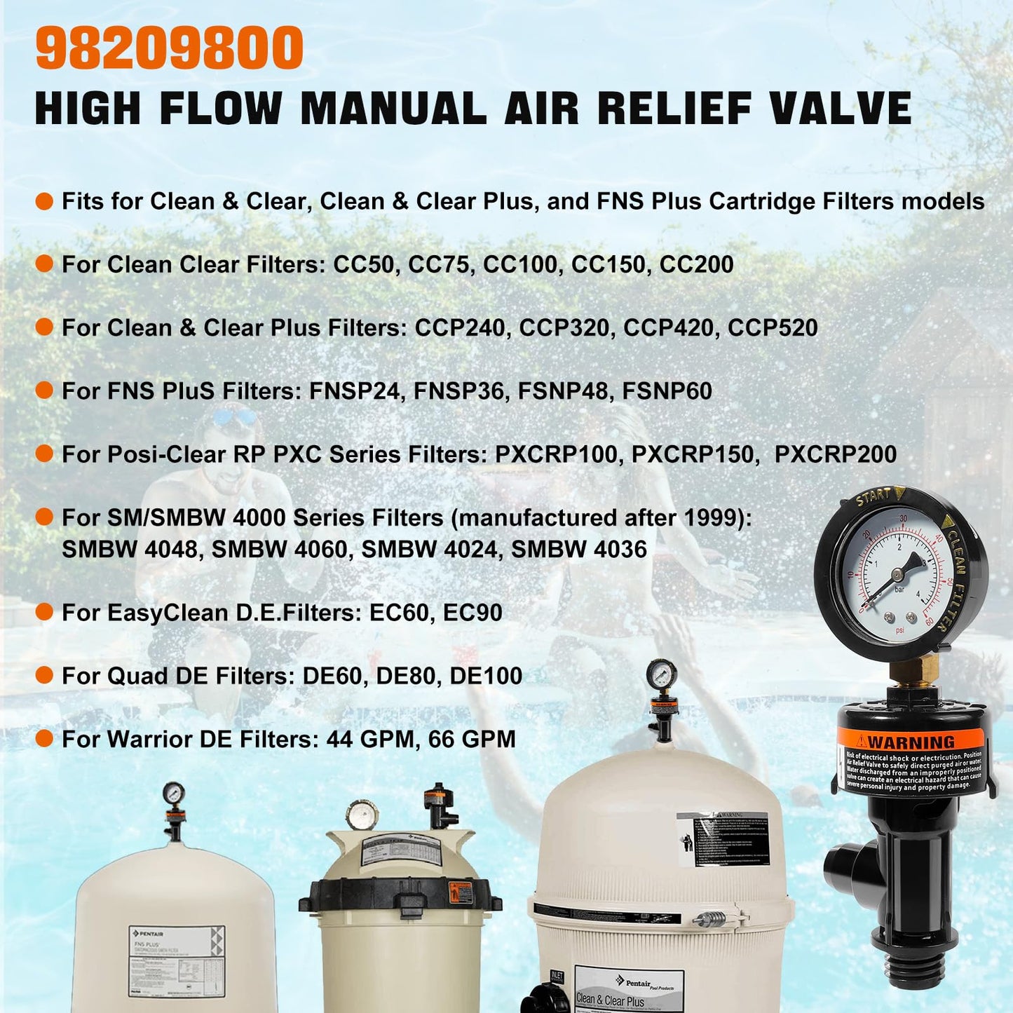 98209800 Manual Air Relief Valve Assembly with Pool Filter Pressure Gauge, Spa Pool Filter Pressure Valve Compatible with Pentair Air Relief Valve Fit for FNS, Clean and Clear, Quad De, 4000 Series