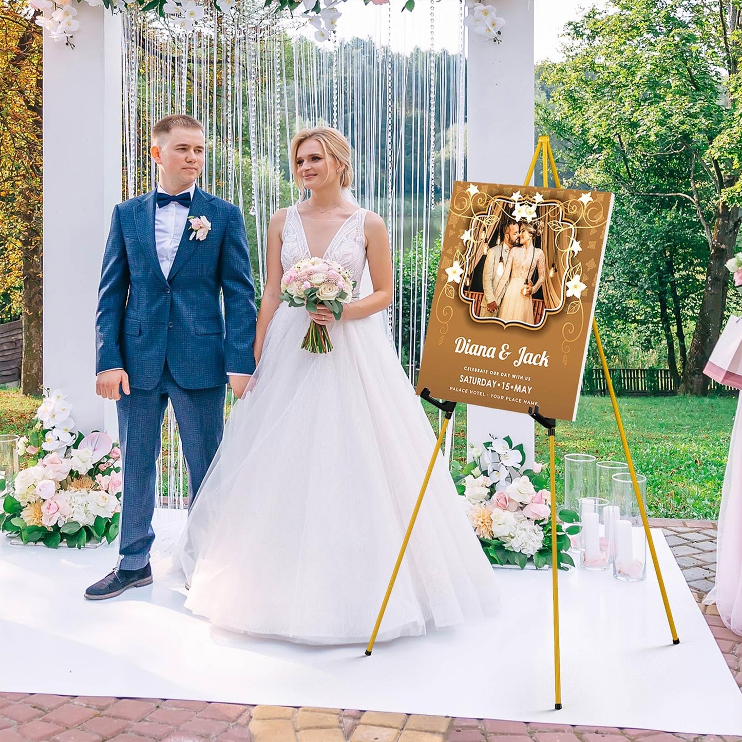 SunyesYoon Display Golden Easel Stand - 63" Artist Instant Tripod Collapsible Portable Floor Easel - Adjustable Art Poster Easy Folding Metal Stand for Display Show, Wedding, Painting