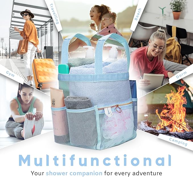 DV Lifestyle Mesh Shower Caddy Dorm, 7 Pockets & 1 with Zipper, Shower Tote with Padded Handles, Travel Portable, Shower Caddy College Room Essentials, Bathroom Shower Bag (Blue)