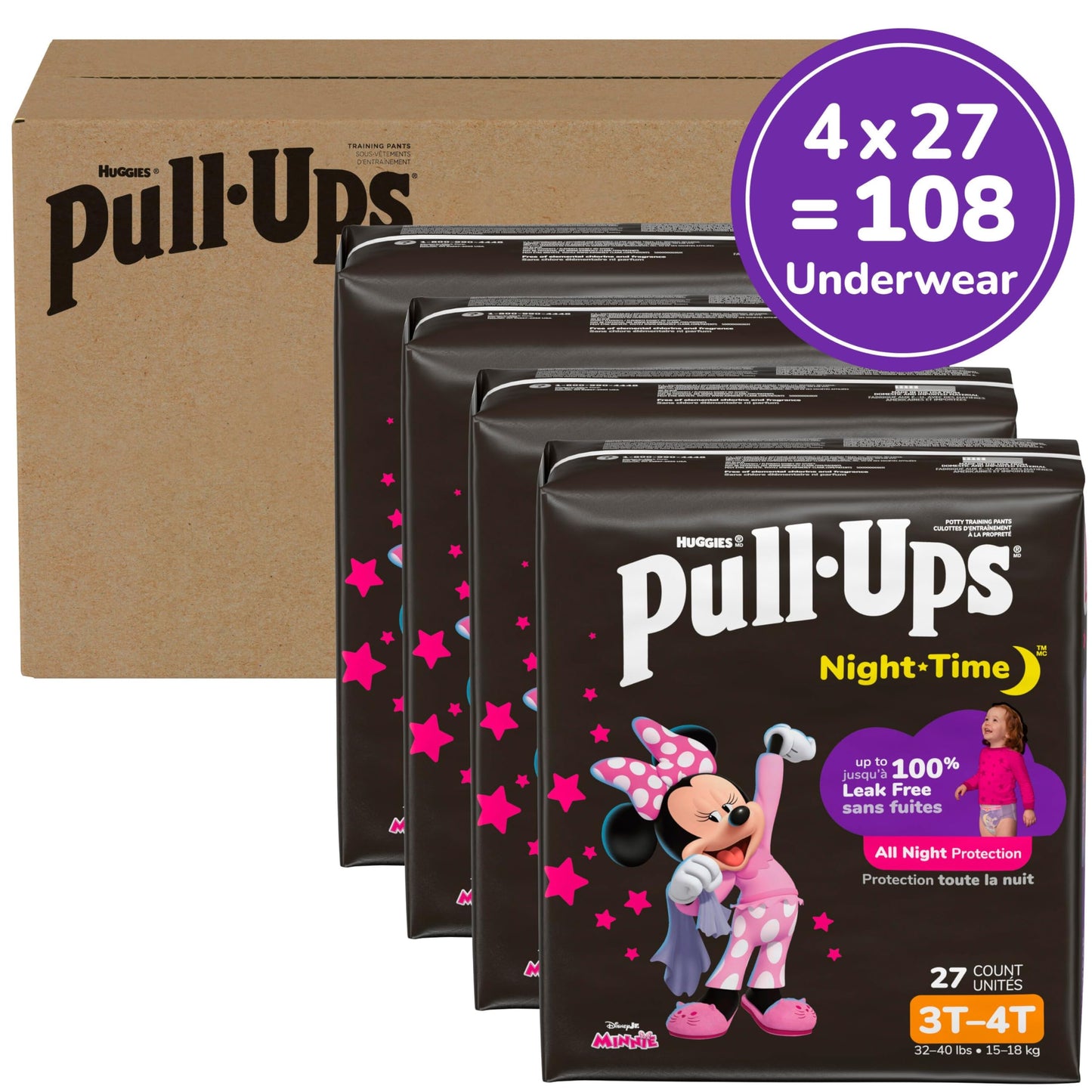 Pull-Ups Girls' Night-Time Potty Training Pants, Size 3T-4T Overnight Training Underwear (32-40 lbs), 108 Ct