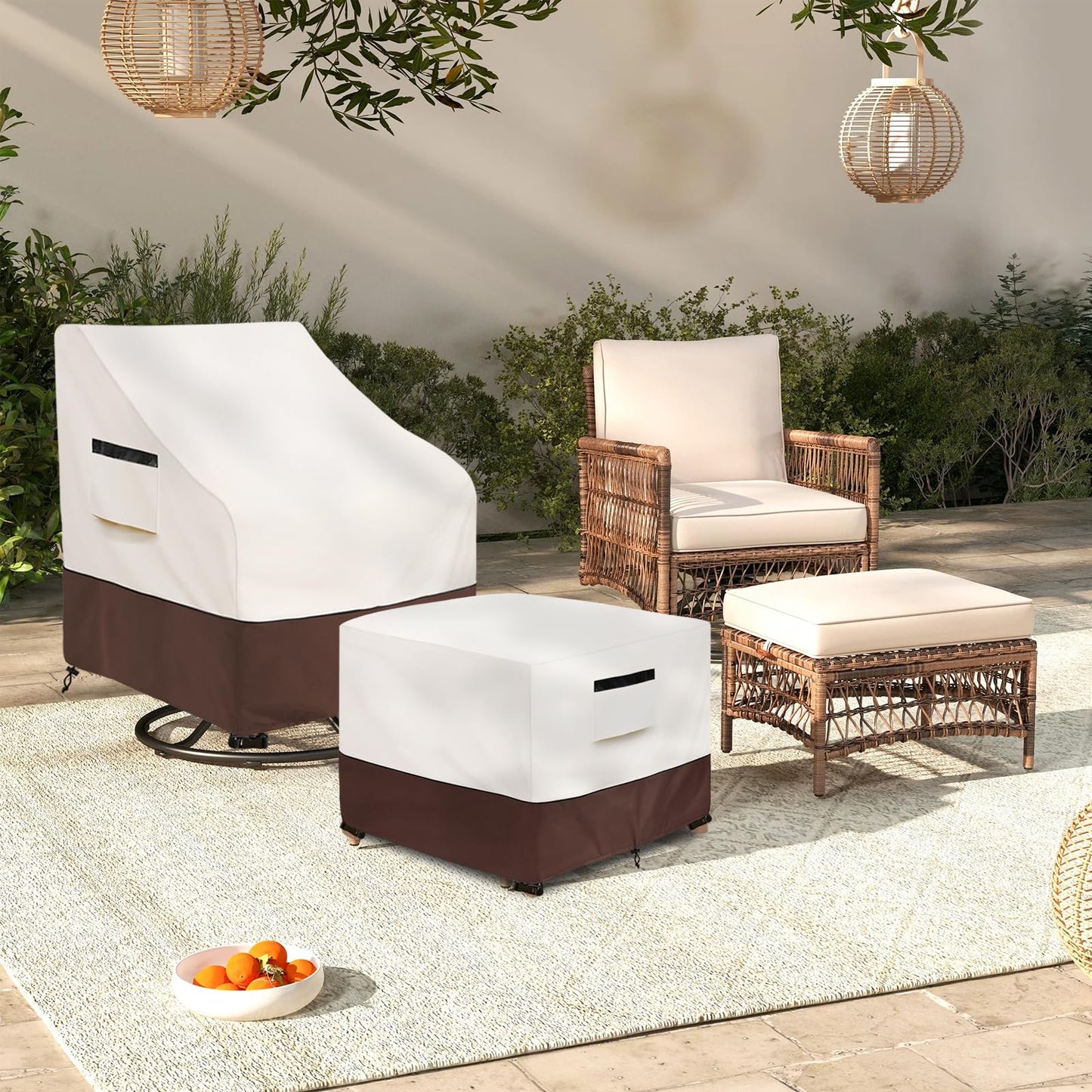 Aacabo Patio Ottoman Cover,25W x 25D x 18H inch,Waterproof Square Patio Small Side Table Cover,Suitable for 3-Piece Outdoor Wicker Patio Bistro Set Side Table(Beige)