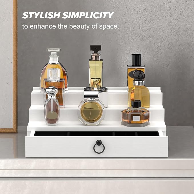 upcessory Cologne Organizer for Men, 3 Tier Wood Perfume Organizer with Felt Lining Drawer and Hidden Compartment, White Perfume Display Holder, A Gift for Men