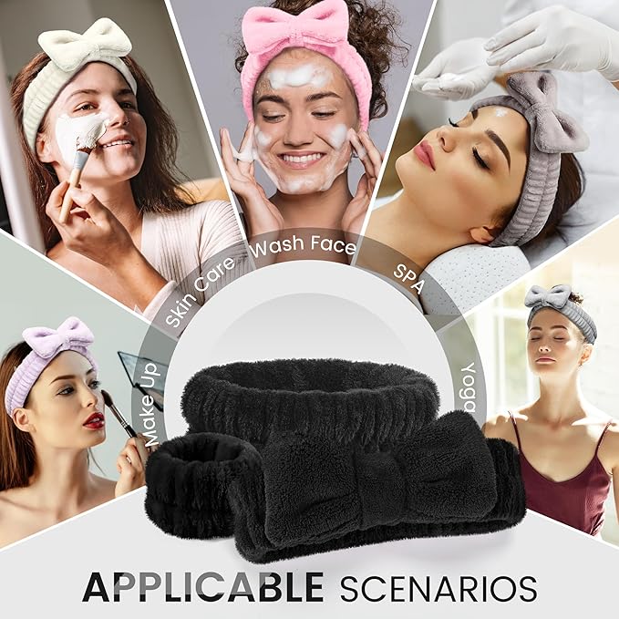 Crosize Headbands and Wristbands Set for Washing Face, Spa, Skincare, Gift for Women and Girls, with Powder Puffs, Black