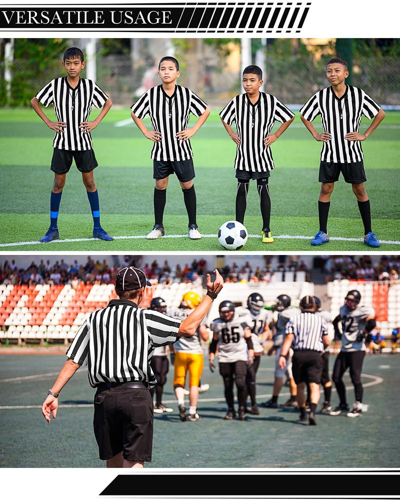 Sintege 4 Sets White and Black Soccer Referee Stripe Shirt with Whistle Official Referee Costume Shirt Football Umpire Jersey Halloween Costume for Adult(Adults Medium)