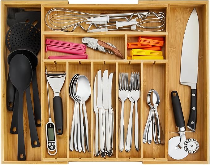Night Tree 2.5â Extra Deep Silverware Drawer Organizer with Adjustable Dividers â Expandable Bamboo Flatware Tray for Kitchen, Reinforced Wood Cutlery Holder (14"-21.6" Wide)
