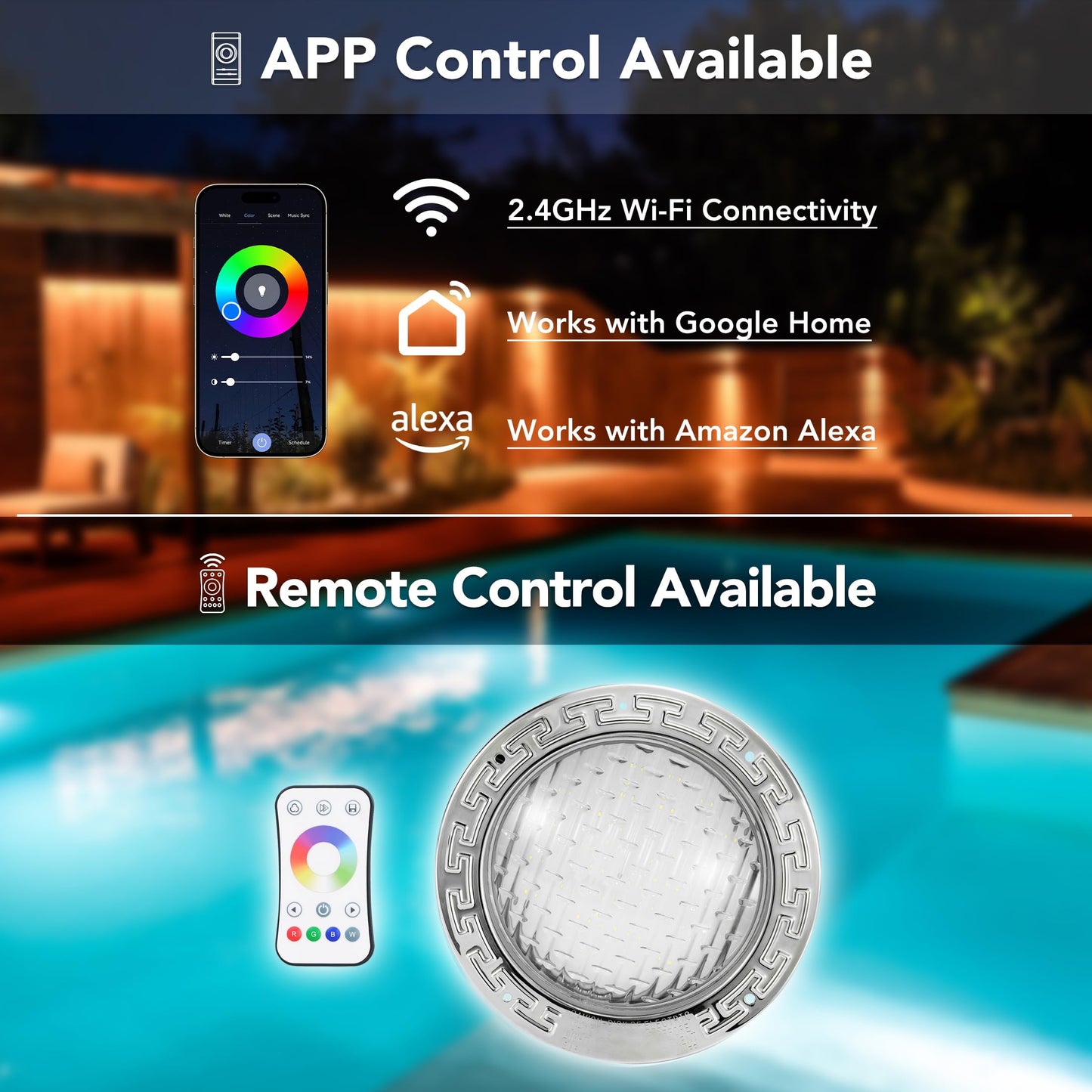 HQUA PN01DC LED Inground Pool Lighting System RGBW Color Change 10 Inch 50W, Remote/App Control, 120V AC, 100 Feet Cord