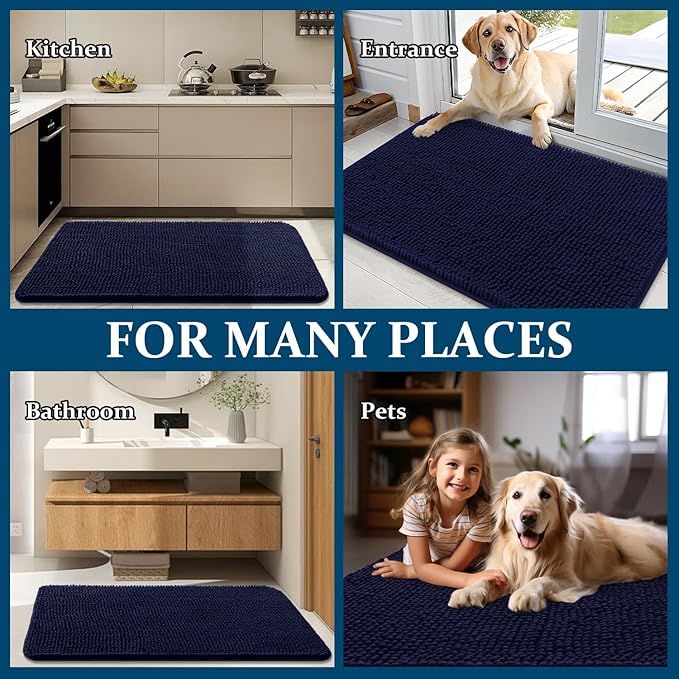 OLANLY Dog Door Mat for Muddy Paws 34x21, Absorbs Moisture and Dirt, Absorbent Non-Slip Washable Doormat, Quick Dry Chenille Mud Mat for Dogs, Entry Indoor Entryway Carpet for Inside Floor, Navy Blue