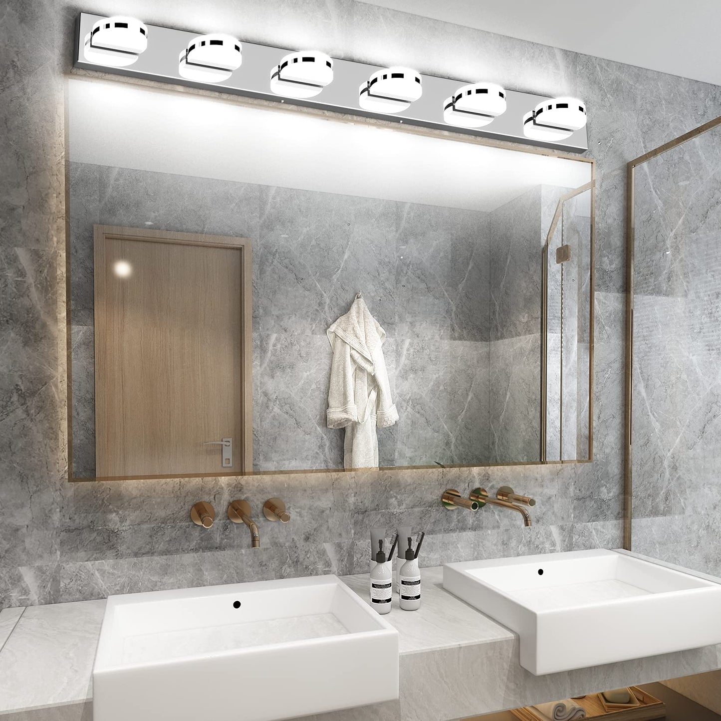 Aipsun 6 Lights Modern Chrome LED Vanity Light Acrylic Stainless Steel Bathroom Wall Light Over Mirror(White Light 6000K)