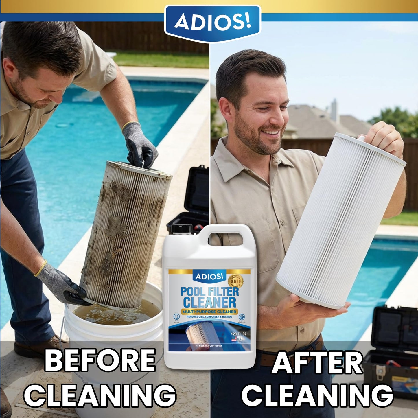 ADIOS! Pool Filter Cleaner, Deep Cleaning Soak Solution for Cartridge, Sand and DE Filters – Degreases and Restores Media - 128oz (Gallon)