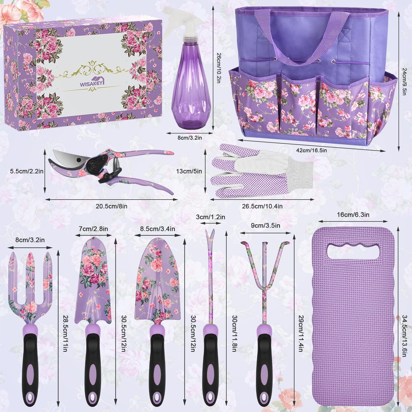 Gardening Tools, WisaKey 10 Piece Heavy Duty Purple Garden Tool Set Durable Garden Supplies Organizer Bag Garden Hand Tools Grandmother Granny for Woman Mothers