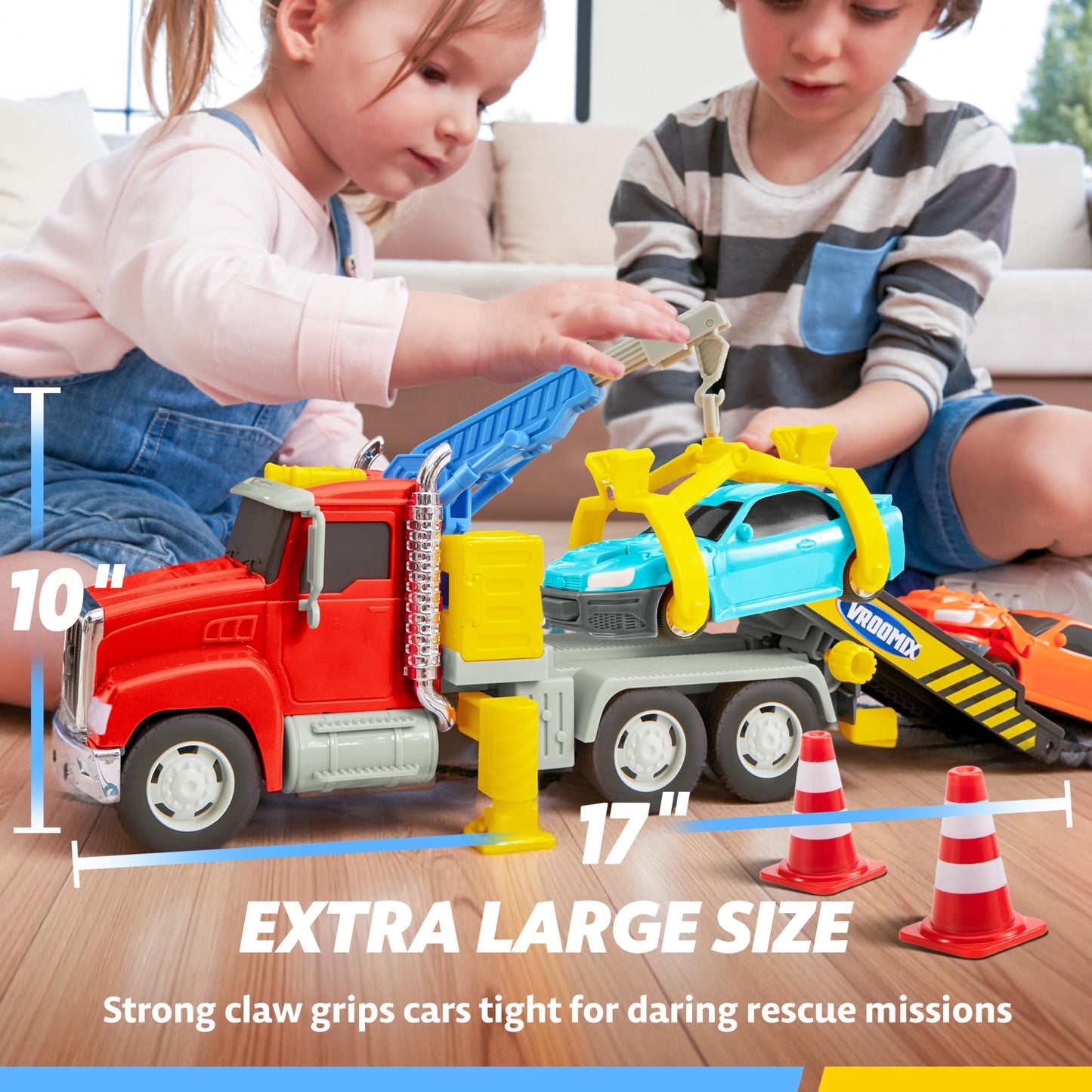 Kids Tow Truck Toys for 3 4 5 6 7 Years Old Boys, Toddler Car Toys, Large Truck with 2 Transformation Cars and Multi-Functional Trailer, Crane with Lights and Sounds, Christmas Birthday Gifts