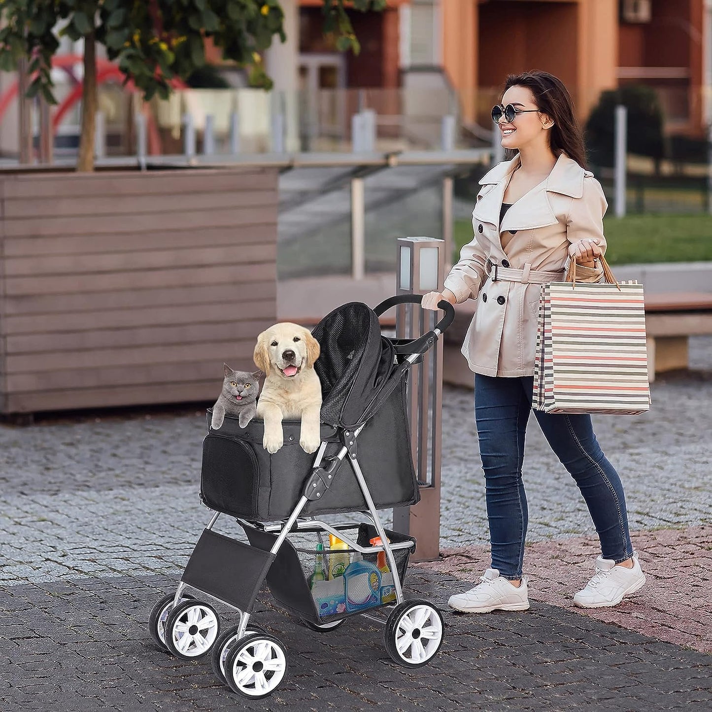 ZENY Foldable Pet Stroller, Cat/Dog Stroller with 4 Wheel, Pet Travel Carrier Strolling Cart with Storage Basket, Cup Holder (Black)