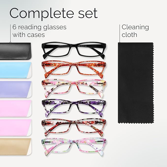 Gaoye Reading Glasses for Women, 6 pack Fashion Readers for Women Men Spring Hinge Eye Glasses, Blue Light Reading Glasses