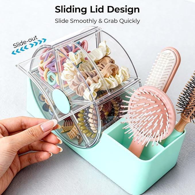 Hair Accessories Organizer for Girls, 2-Slot Hair Brush Holder & 5-Section Rotating Wheel, Cute Makeup Brush Holder for Hair Tile, Clip, Makeup Brush, Earring, Ring, Kids Vanity Accessories (Seafoam)