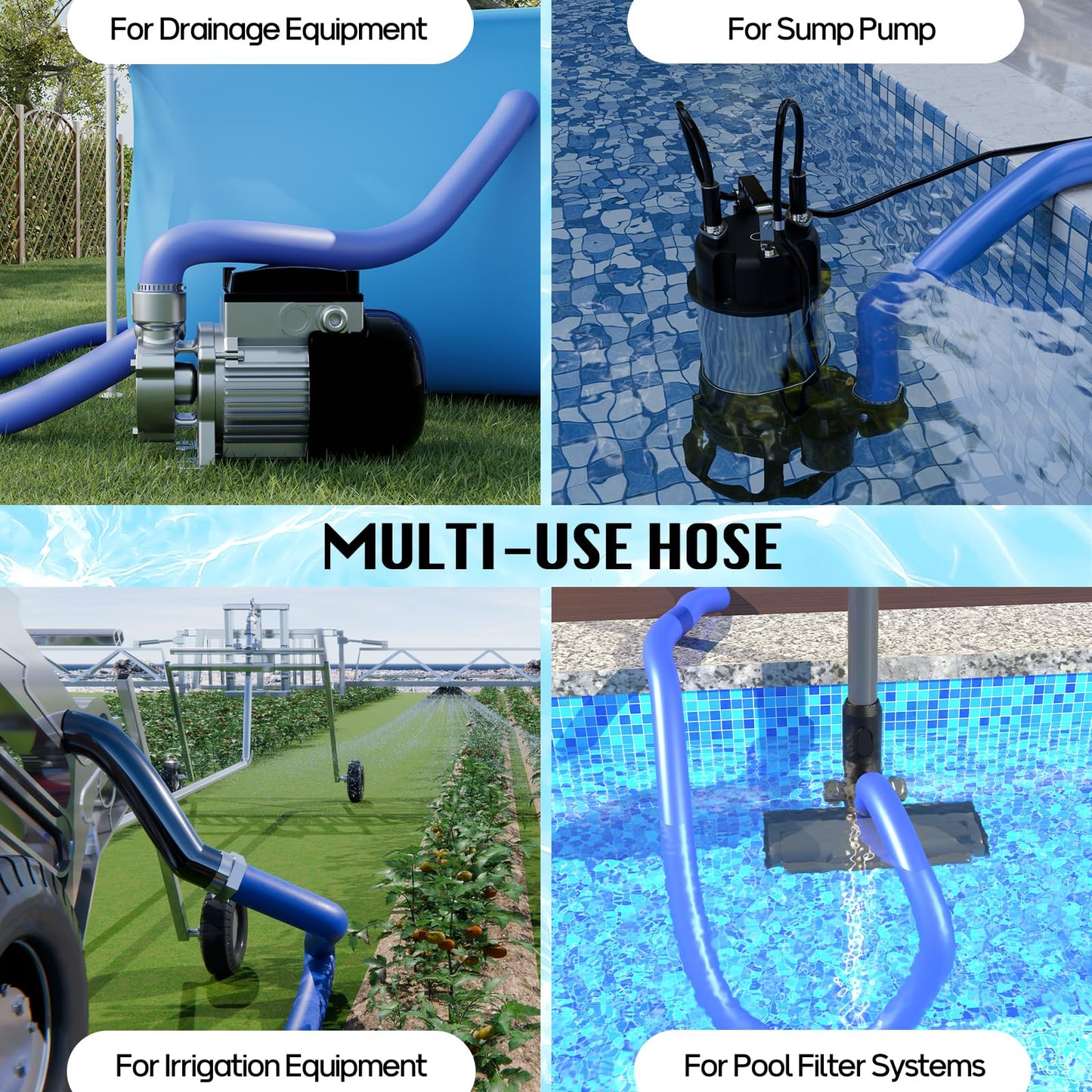 Mosenpol Pool Backwash Hose 1-1/2" x 100 FT - Heavy Duty Layflat Sump Pump Hose, Weather and Burst Resistant PVC Discharge Hose with 2 Clamps for Water Transfer, Pool Drainage, Pool Drain