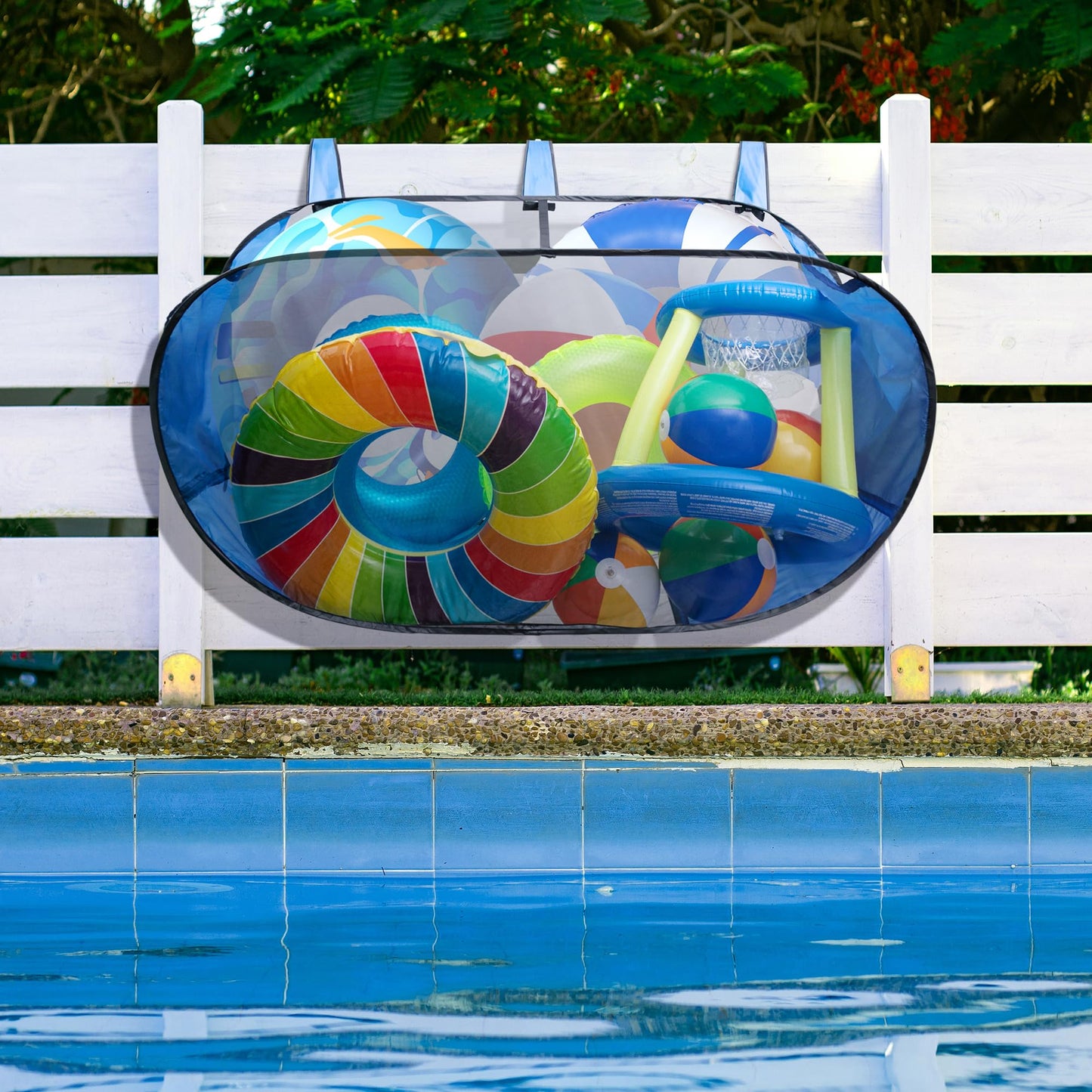 Adnee 60 x 30 x 24 Inches Pop-Up Pool Float Storage Bag,Hanging Mesh Pool Organizer for Fence Pool Side,Foldable Pool Toy Storage Mesh Basket for Floats,Balls,Inflatable Toys and Pool Accessories