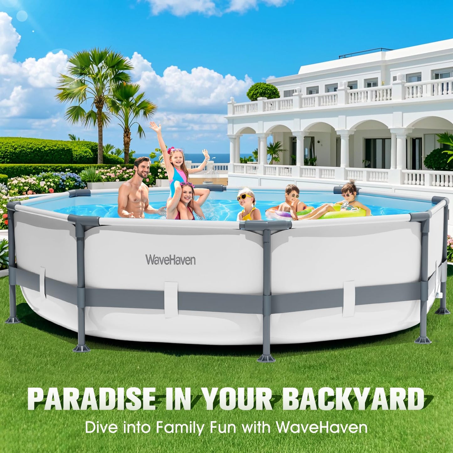 WaveHaven Above Ground Pool,10ft x 30in Frame Deep Swimming Pool,Round Family Pool,Large Above Ground Pool Easy Set,1200 Gallon Pool,Outdoor Backyard Pool for Kids,Adults-Grey,Pump Not Included