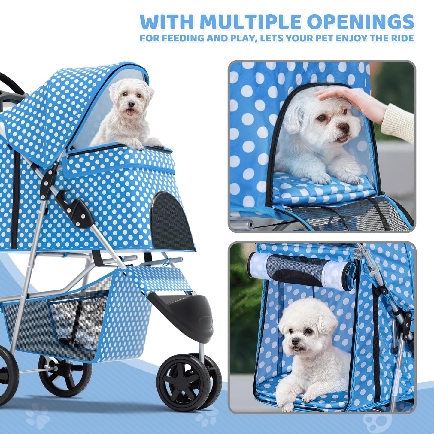 Magshion 3-Wheel Pet Stroller, Foldable Travel Jogger for Small & Medium Dogs & Cats (Up to 33lbs), Lightweight Carrier with Breathable Mesh Cover, Cup Holder & Storage Basket, Sky Blue Polka Dots