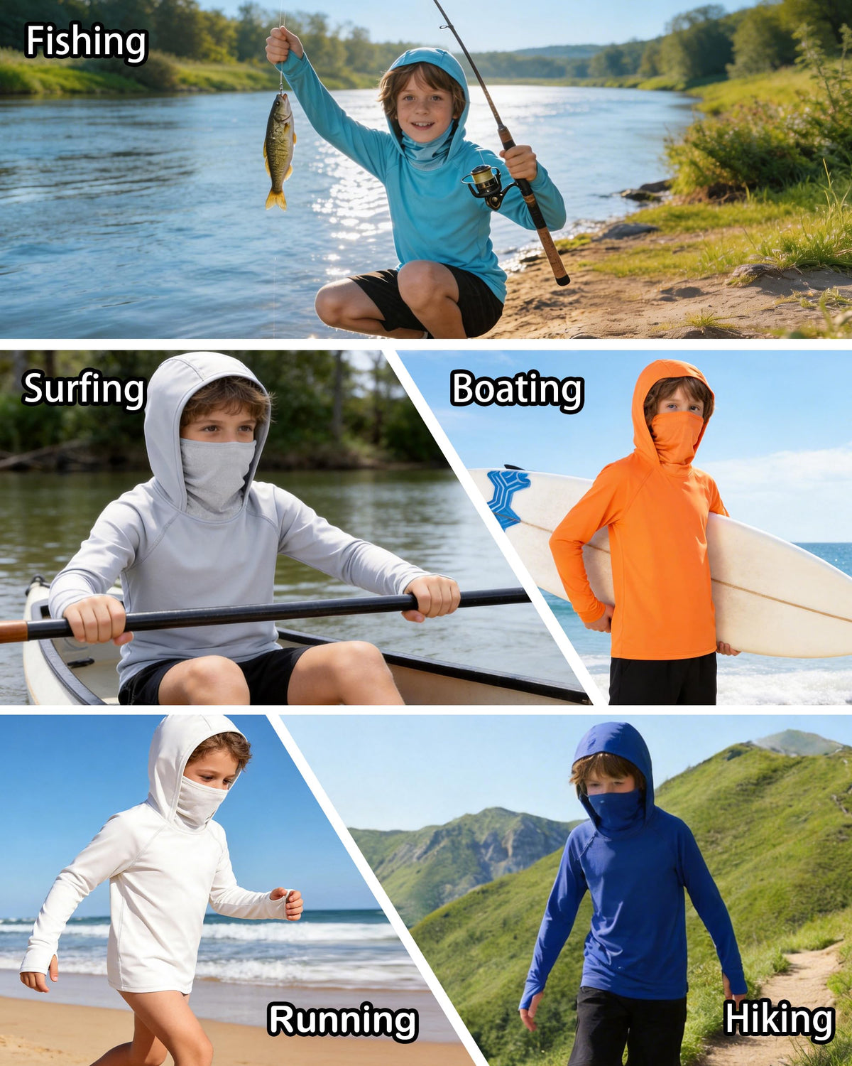 DRONIRING Boys Hooded Fishing Shirt with Mask, Kids UPF 50+ Long Sleeve Rash Guard Hoodie, Sun Protection Beach Swim Shirts Blue
