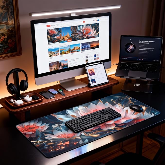 Floral Aesthetic Lotus Gaming Mouse Pad, Ink Blue Red Cyber Desk Mat with Anti-Slip Base & Stitched Edges,35.4" x 15.7" in Table Mat for Computer Desktop, Beautiful Workstation Decor