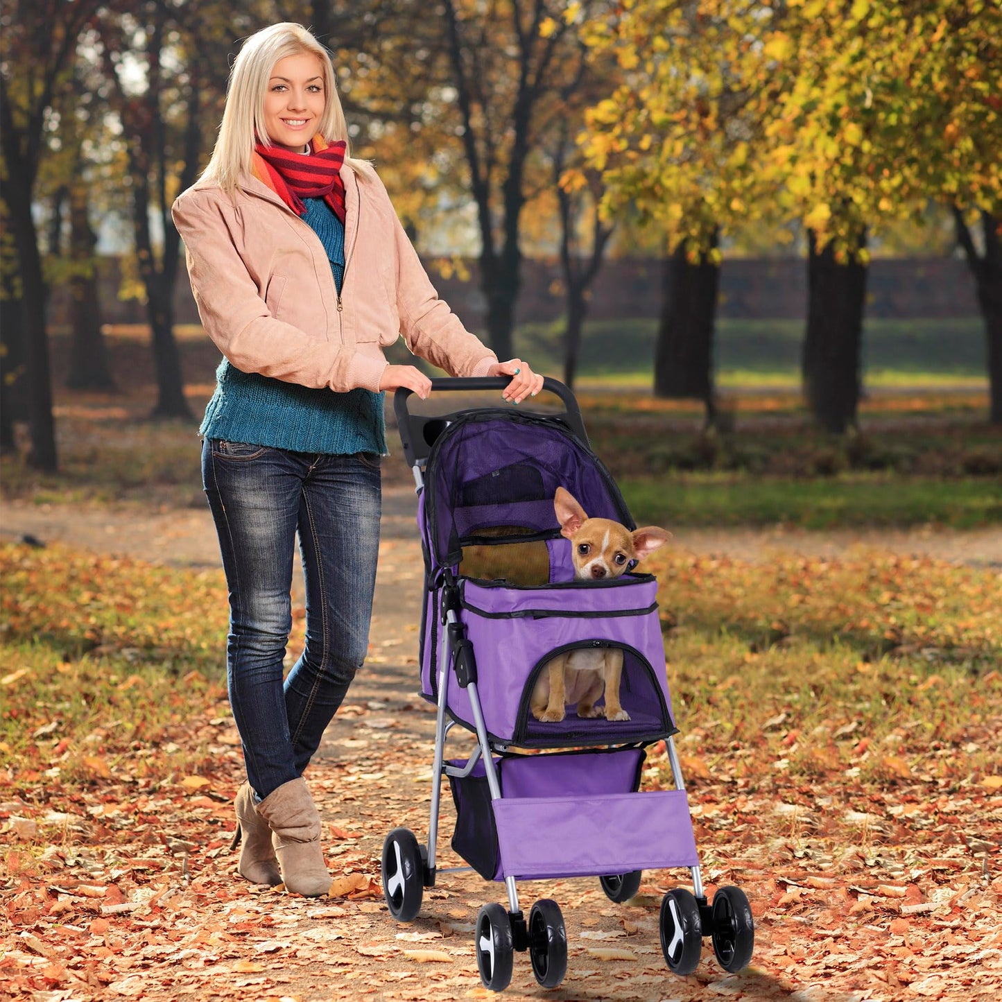 LEMY Pet Stroller,4 Wheels Dog Cat Stroller with Storage Basket&Cup Holder,Folding Dog Cat Cage Jogger Strollers for Small Medium Dogs Cats Travel,Purple
