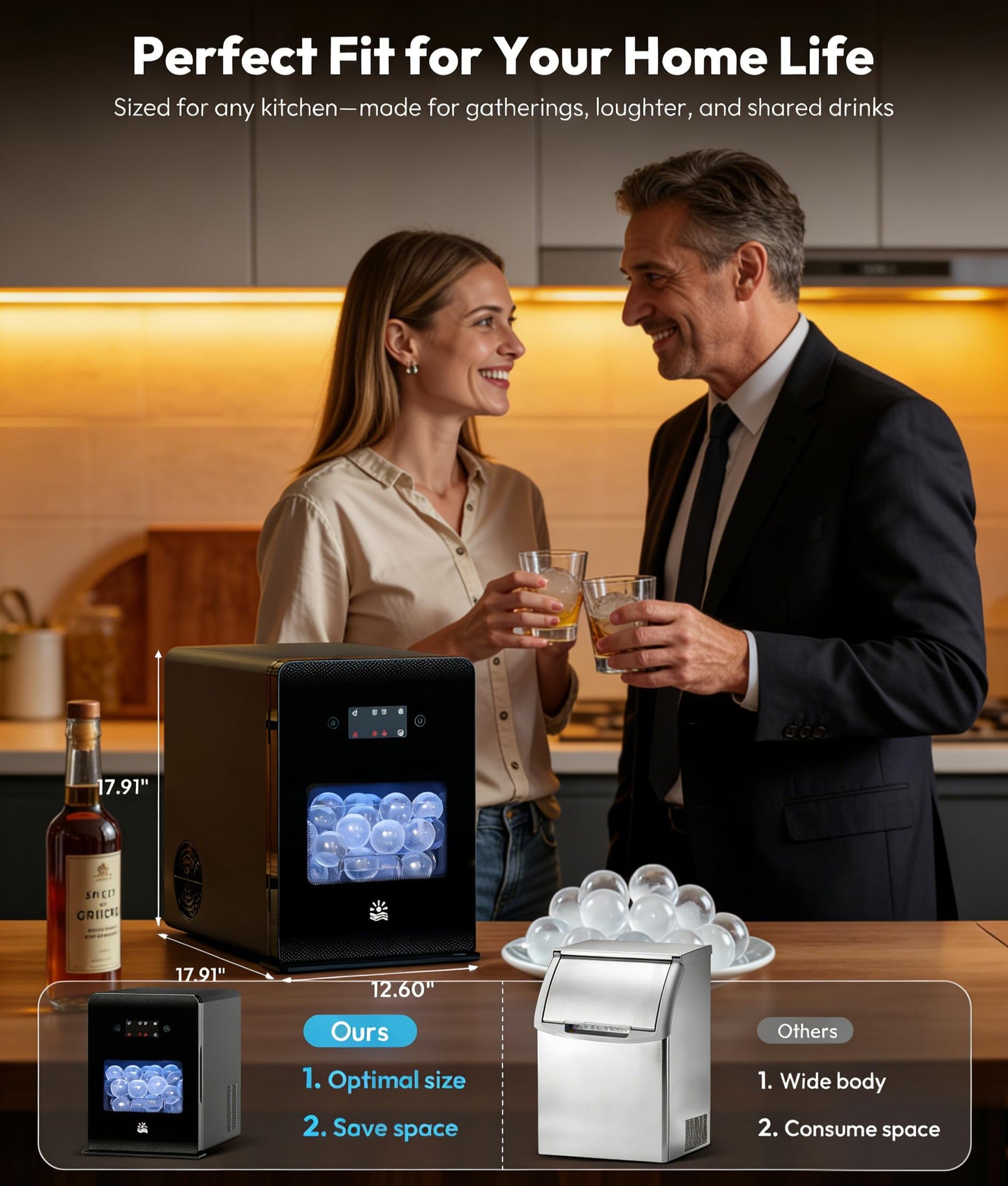 EXNOS 2" Ice Ball Maker - 4 Ice Spheres in 35min, 144pcs/24H, Sphere Ice Maker with LED Quiet Panel, Auto/Manual Water Fill, LED Panel, Self-Cleaning Clear Ice Maker for Cocktail Whiskey Bourborn