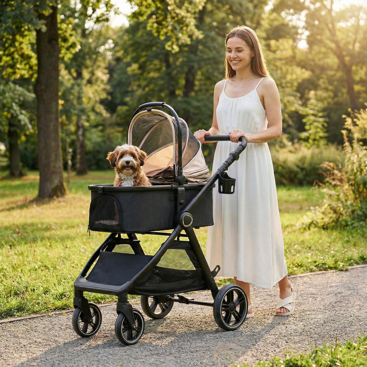 KAVELLIN Pet Stroller for Small Medium Dogs Cats Up to 50lbs, Dog Stroller with Removable Carrier, One Click Folding Cat Strollers, All-Terrain 4 Wheels Pet Strollers, Beige