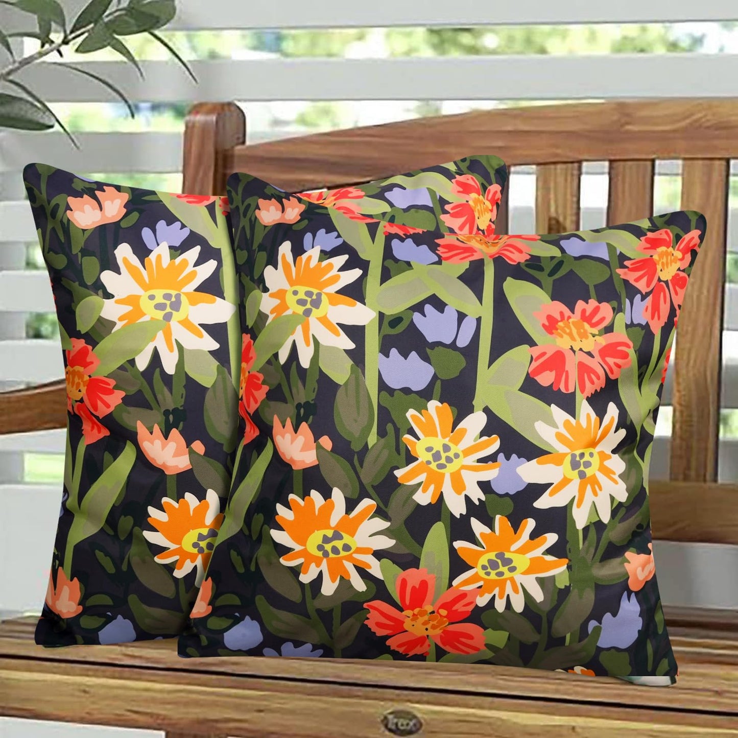 Pyonic Outdoor Pillows Covers Pack of 2 Spring Floral Waterproof Throw Pillow Covers 16X16 inch Outdoor Pillows for Patio Furniture Garden Square Outside Waterproof Pillow,Black