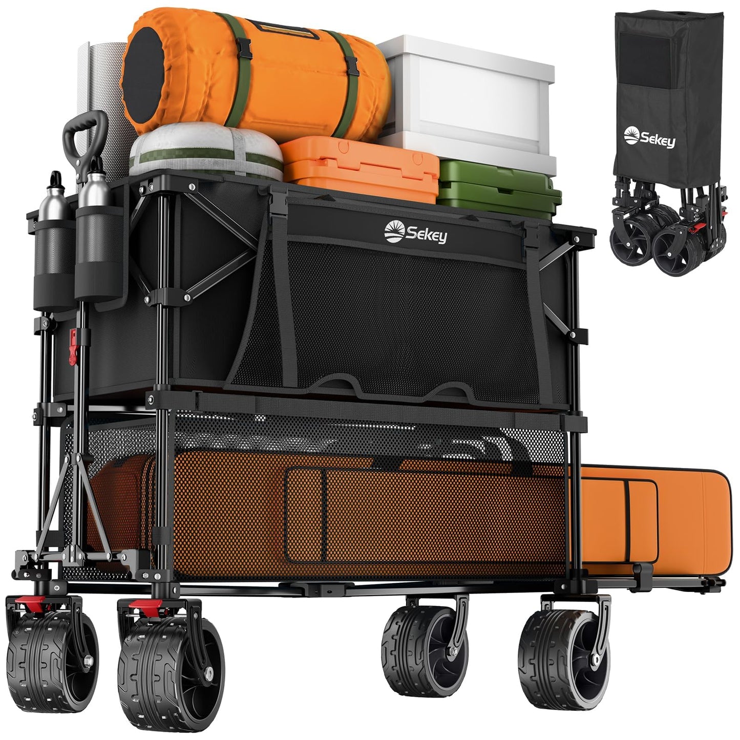 Sekey 500LBS Heavy Duty Double Decker Wagon with Extender, 400L Large Capacity Collapsible Garden Cart Fits 10x10 Canopy, All-Terrain Big Wheels with Brakes, Foldable Utility Wagon for Sports, Camping