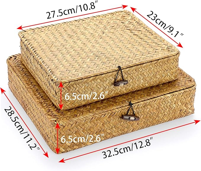 Hipiwe Set of 2 Flat Woven Wicker Storage Bins with Lid Natural Seagrass Basket Boxes Multipurpose Home Organizer Bins Boxes for Shelf Organizer, Caramel