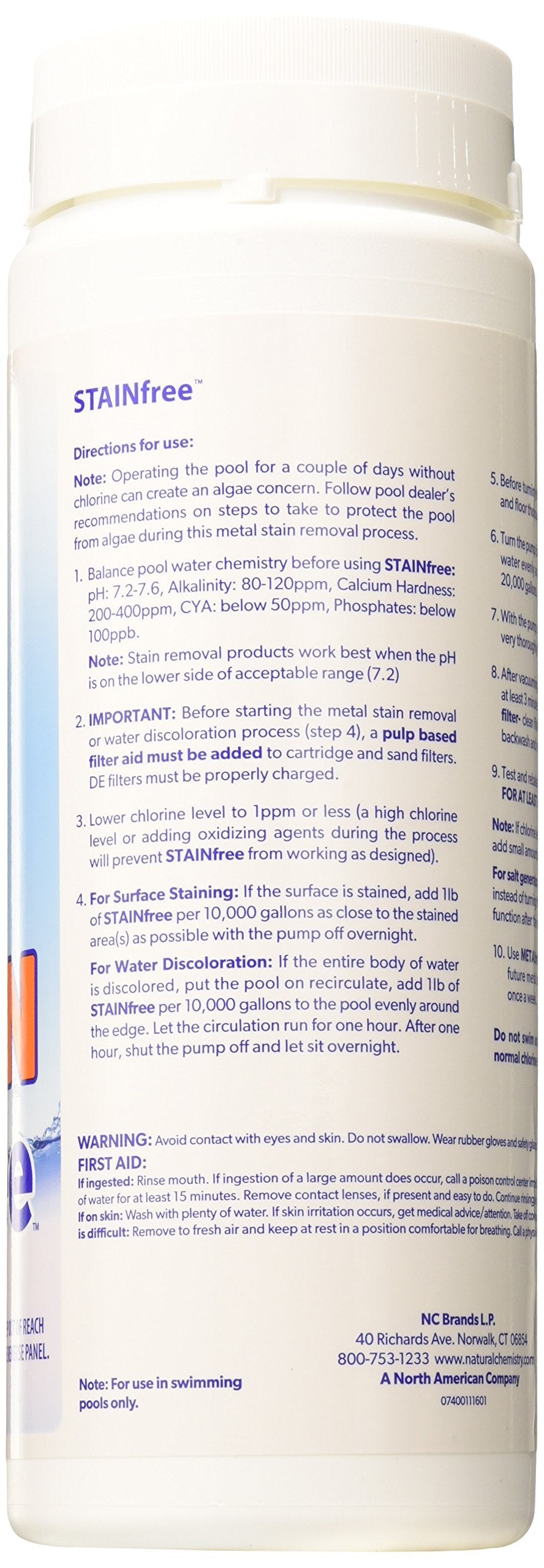 Natural Chemistry Stain Free, 1.75 lb, 100% Citric Acid, Eliminates Metal Stains and Effective on All Pool Surfaces, Works with All Sanitizing Systems