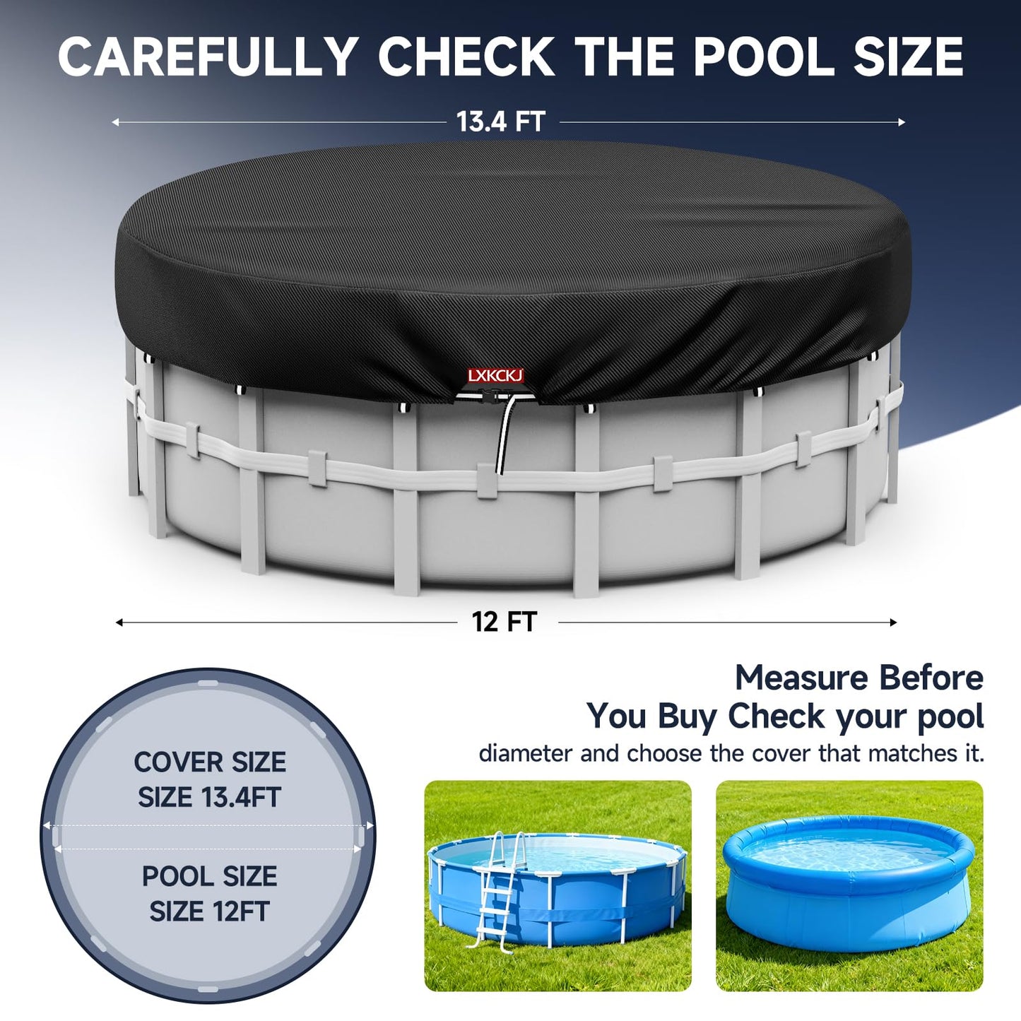 LXKCKJ 12 Ft Round Pool Cover, Solar Pool Covers for Above Ground Pools, Summer Pool Cover Protector with Cover Accessories, PE Tarp Ideal for Waterproof and Dustproof (Black)