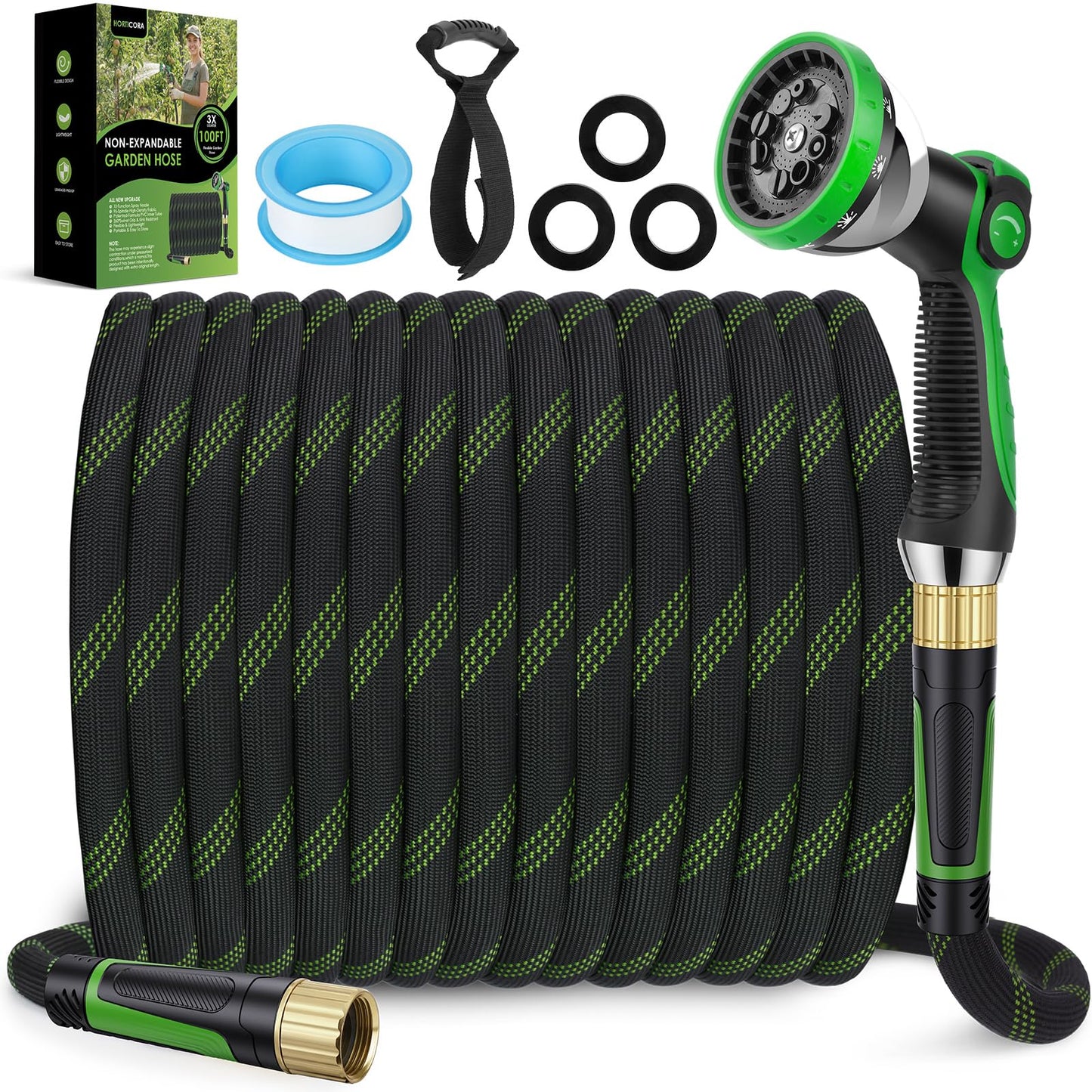 HORTICORA Garden Hose 100 ft, Non-Expandable Ultra-Lightweight Flexible Hose with 360° Dual-End Anti-Kink Design, 10-Pattern Spray Nozzle, 500 PSI Leak-Proof, 96-Strand Braided Fabric, Storage Strap