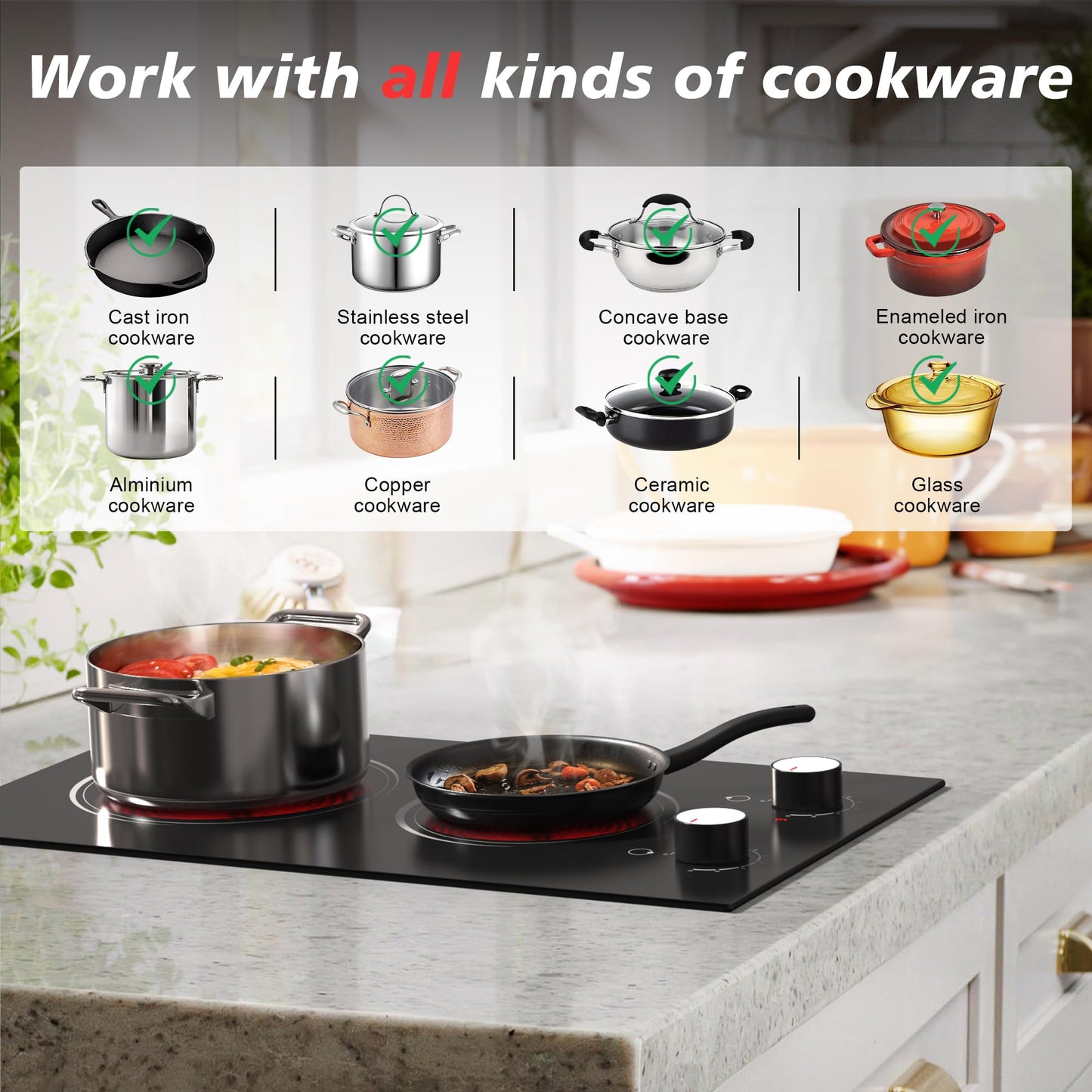 Electric Cooktop 2 Burner, 110V Electric Stove Top 2000W with Knob Control, 12 Inch Electric Radiant Cooktop Countertop & Built-in, Residual Heat Indicator, Over-Heat Protection, Plug in