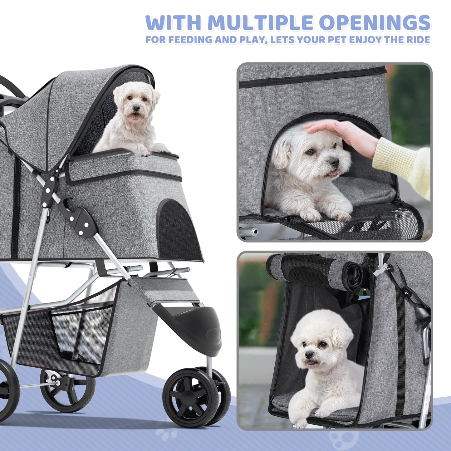 Magshion 3-Wheel Pet Stroller, Foldable Travel Jogger for Small & Medium Dogs & Cats (Up to 33lbs), Lightweight Carrier with Breathable Mesh Cover, Cup Holder & Storage Basket, Gray