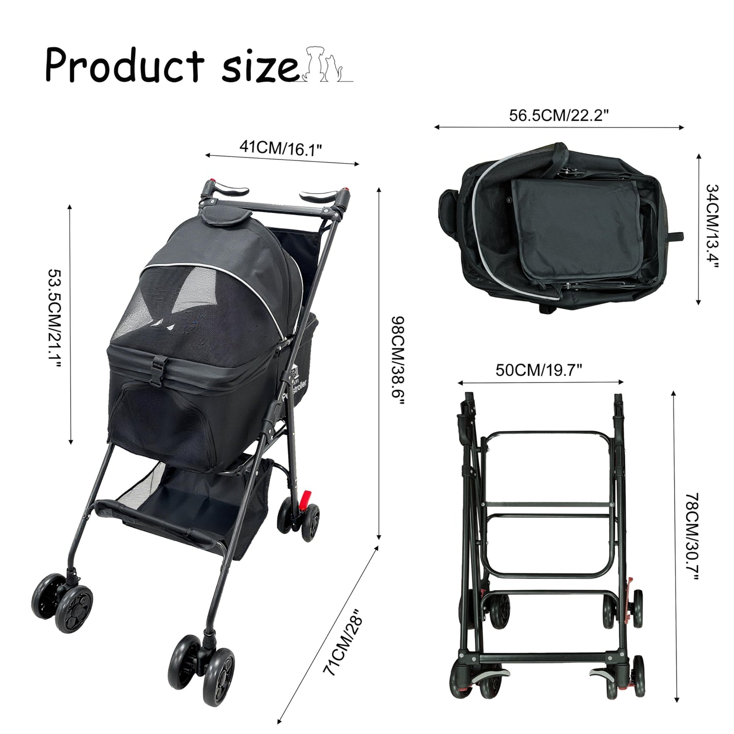 XL Extra-Large Pet Stroller, Running&Travel Pet Cart with Weather Cover, Cat&Dog Stroller for Large/Medium/Small Pets, Outdoor Pet Supplies 16.1"(D) 28"(W) 38.6"(H)