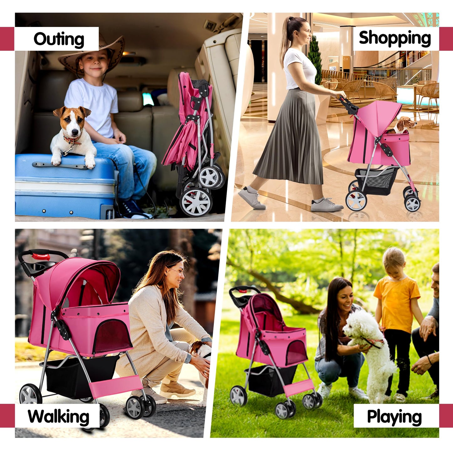 Azaeahom Pet Stroller, 4 Wheels Pet Strolling Cart for Medium/Small Dogs and Cats, Foldable Cat Jogger/Dog Stroller with Cup Holder, Storage Basket, Breathable Mesh, All-Season Pet Carrier, Pink