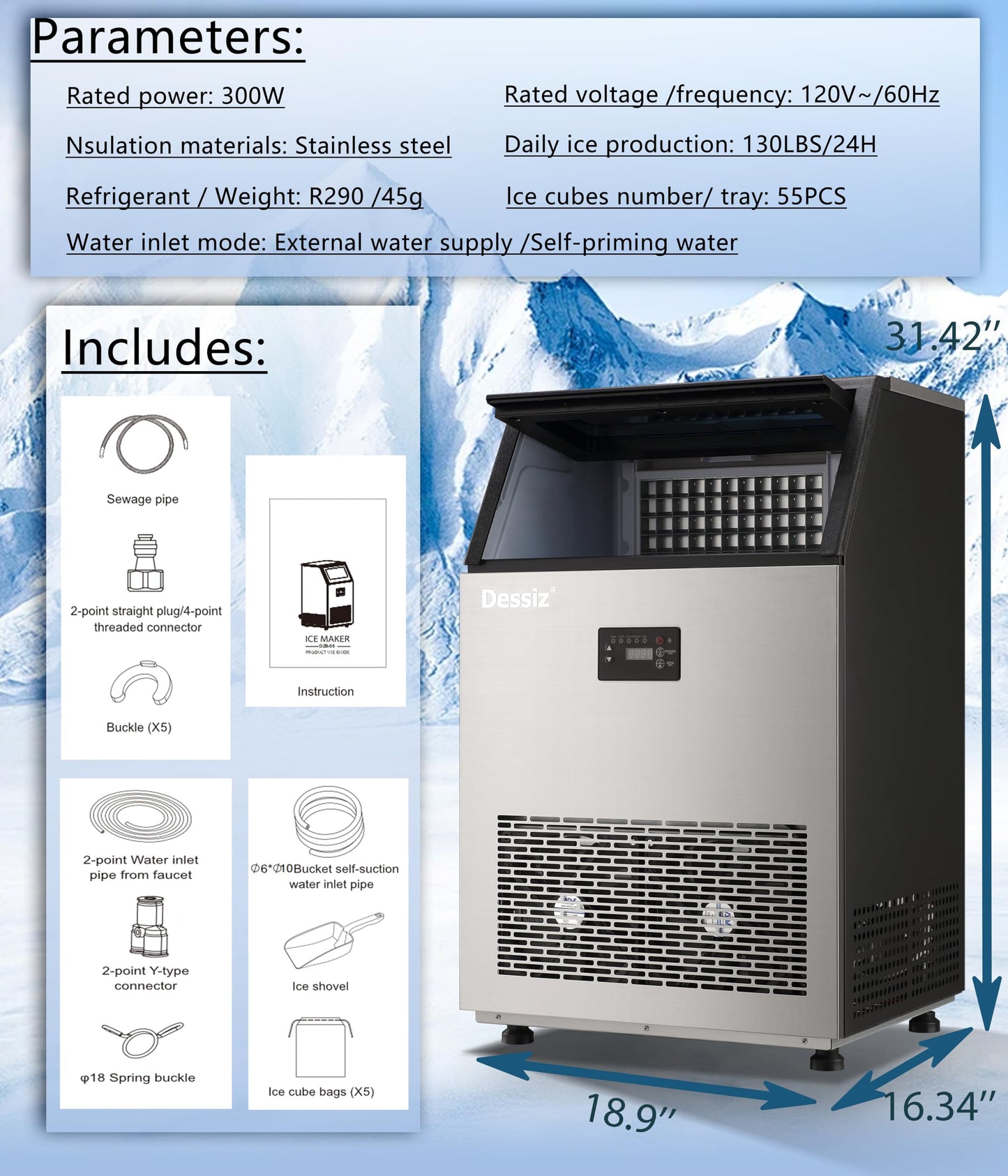 Dessiz Commercial Ice Maker, 130Lbs/24H 40Lbs Storage, 55Pcs Clear Ice in 8-15Mins, Under Counter Stainless Steel Ice Machine with Self-Cleaning & Blue Light, Quiet for Home Bar Restaurant Party