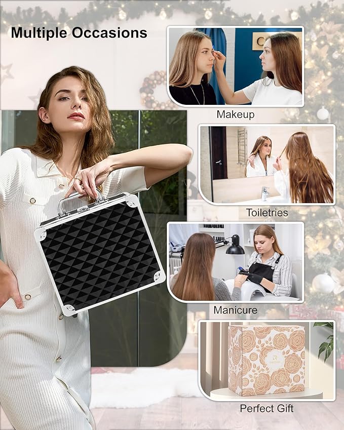 Relavel Makeup Bag with LED Mirror, Makeup Box Travel Train Case with Rechargeable Lighted Mirror, Cosmetic Brush Organizer Storage for Makeup Artists Gifts for Women and Girls (Black Quilted, Small)